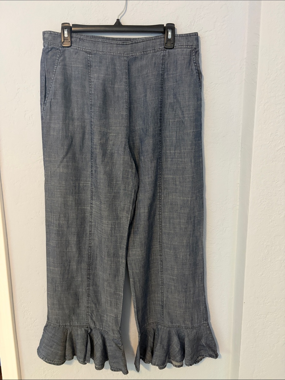 Trina Turk Chambray Ruffle Hem Wide Leg Pants - Blue